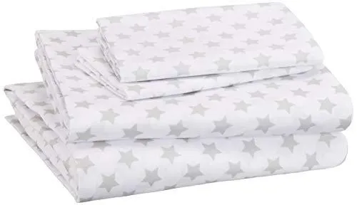 AmazonBasics Easy-Wash Microfiber Kid's Bed-in-a-Bag Bedding Set - Full / Queen, Grey Stars