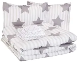 AmazonBasics Easy-Wash Microfiber Kid's Bed-in-a-Bag Bedding Set - Full / Queen, Grey Stars