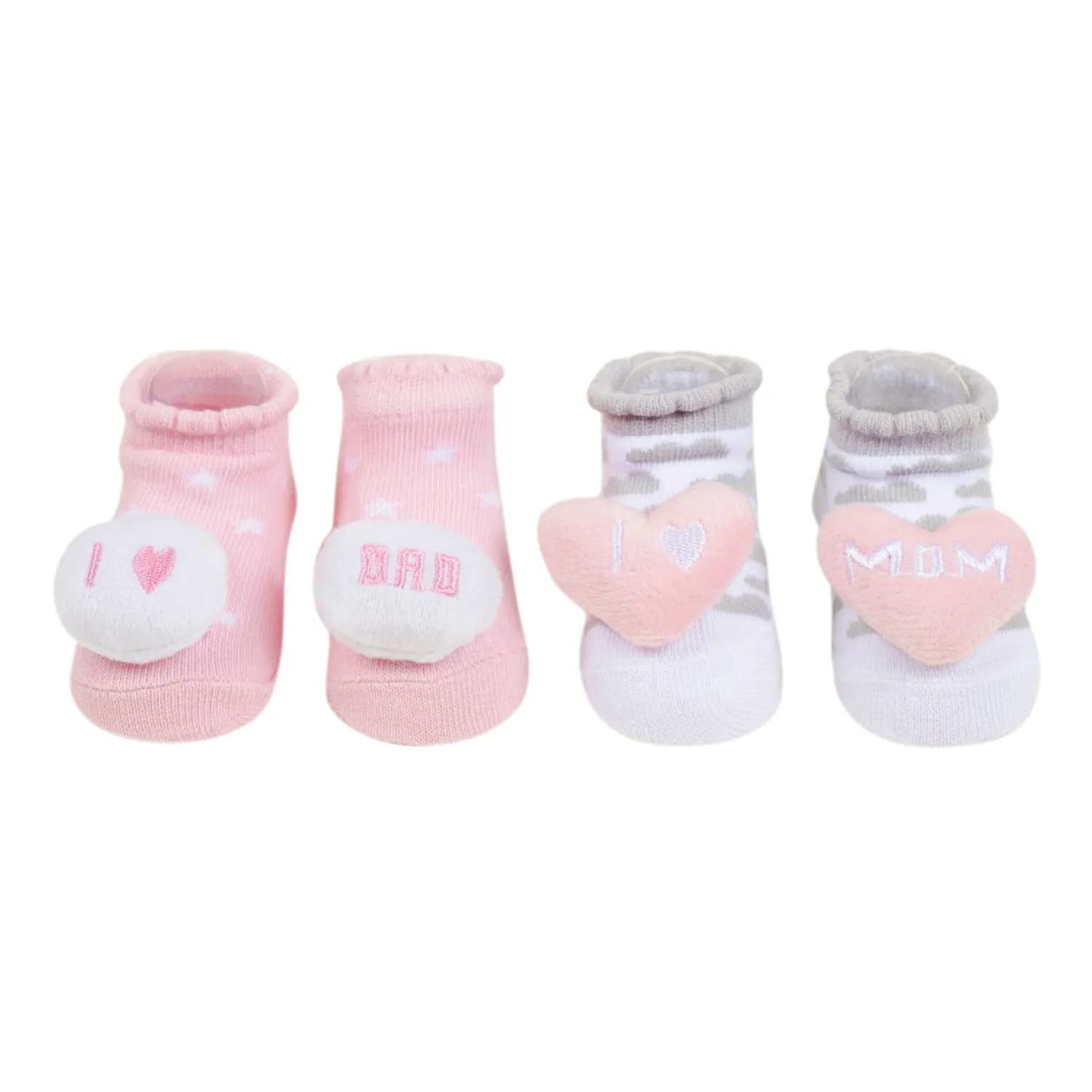 Baby Moo Mom Dad's Heart Cotton 3D Ankle Length Fancy Infant Gift Set of 2 Socks Booties - Pink, Grey