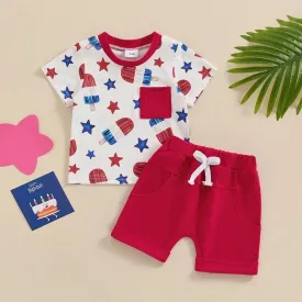 Baby Toddler Boy 2Pcs 4th of July Outfit Star Popsicle Print Short Sleeve Top with Pocket   Elastic Waist Shorts Independence Day Set