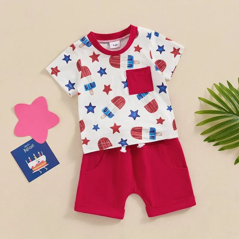 Baby Toddler Boy 2Pcs 4th of July Outfit Star Popsicle Print Short Sleeve Top with Pocket   Elastic Waist Shorts Independence Day Set