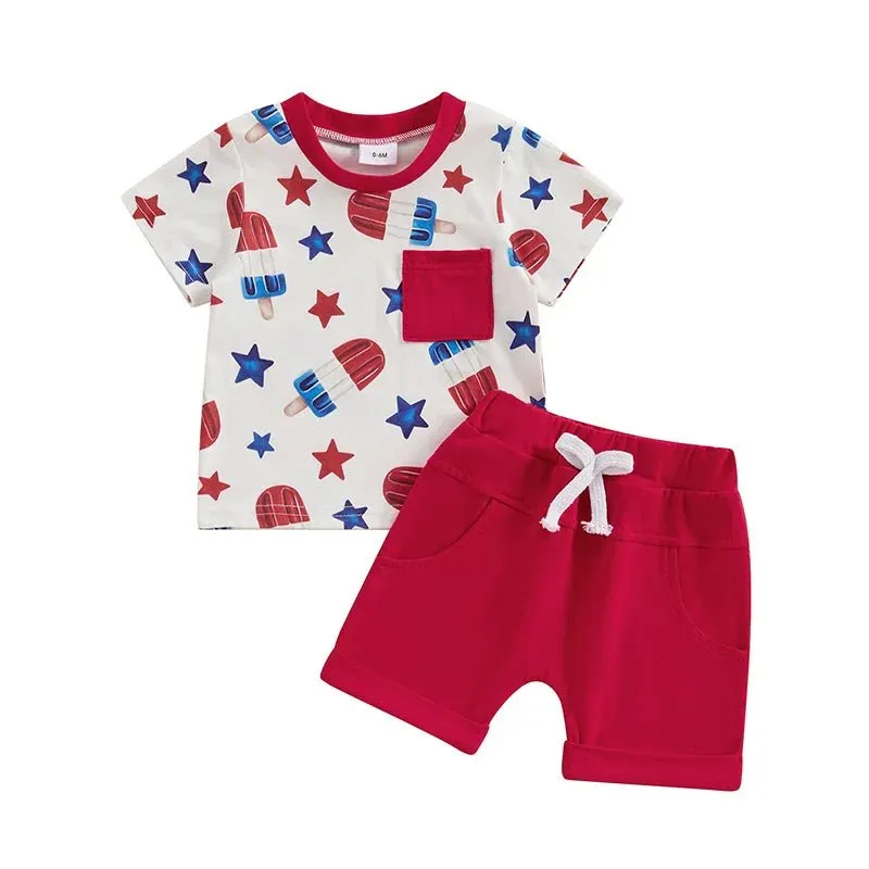 Baby Toddler Boy 2Pcs 4th of July Outfit Star Popsicle Print Short Sleeve Top with Pocket   Elastic Waist Shorts Independence Day Set