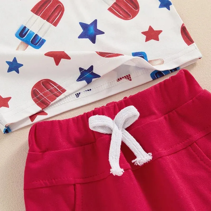Baby Toddler Boy 2Pcs 4th of July Outfit Star Popsicle Print Short Sleeve Top with Pocket   Elastic Waist Shorts Independence Day Set