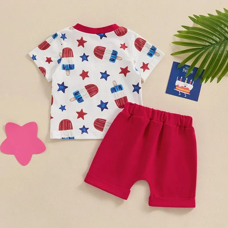 Baby Toddler Boy 2Pcs 4th of July Outfit Star Popsicle Print Short Sleeve Top with Pocket   Elastic Waist Shorts Independence Day Set
