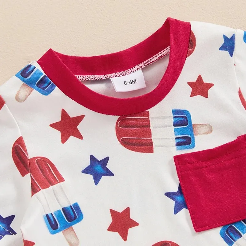 Baby Toddler Boy 2Pcs 4th of July Outfit Star Popsicle Print Short Sleeve Top with Pocket   Elastic Waist Shorts Independence Day Set