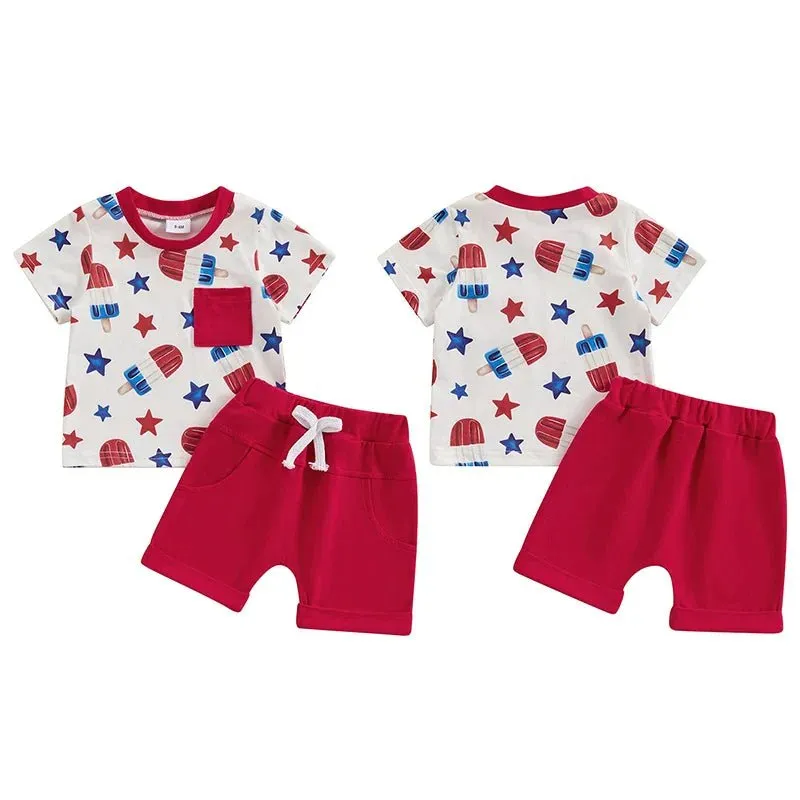 Baby Toddler Boy 2Pcs 4th of July Outfit Star Popsicle Print Short Sleeve Top with Pocket   Elastic Waist Shorts Independence Day Set