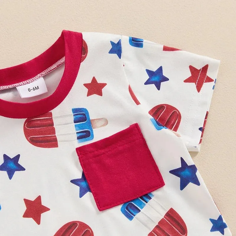 Baby Toddler Boy 2Pcs 4th of July Outfit Star Popsicle Print Short Sleeve Top with Pocket   Elastic Waist Shorts Independence Day Set