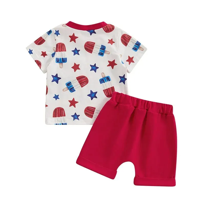 Baby Toddler Boy 2Pcs 4th of July Outfit Star Popsicle Print Short Sleeve Top with Pocket   Elastic Waist Shorts Independence Day Set