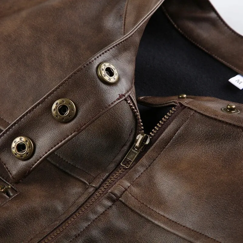 Brown Leather Zip Up Long Sleeves Jacket