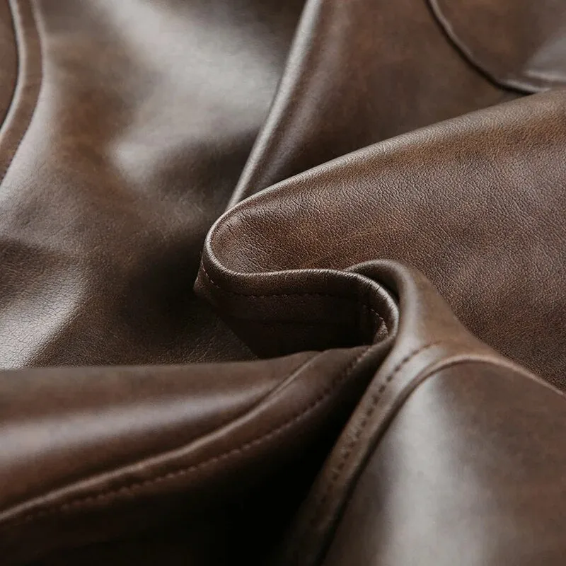 Brown Leather Zip Up Long Sleeves Jacket