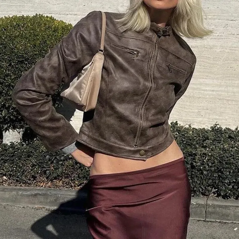 Brown Leather Zip Up Long Sleeves Jacket