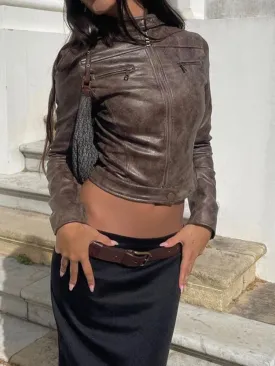 Brown Leather Zip Up Long Sleeves Jacket