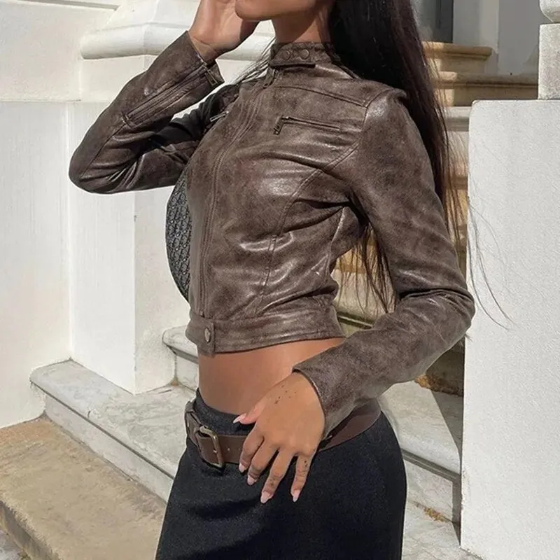 Brown Leather Zip Up Long Sleeves Jacket