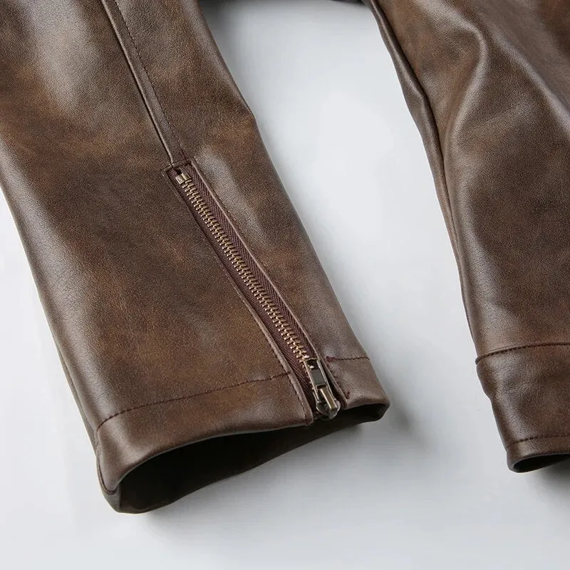 Brown Leather Zip Up Long Sleeves Jacket