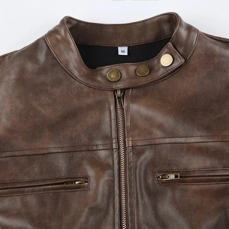 Brown Leather Zip Up Long Sleeves Jacket