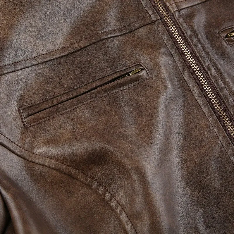 Brown Leather Zip Up Long Sleeves Jacket