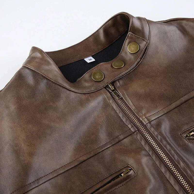 Brown Leather Zip Up Long Sleeves Jacket