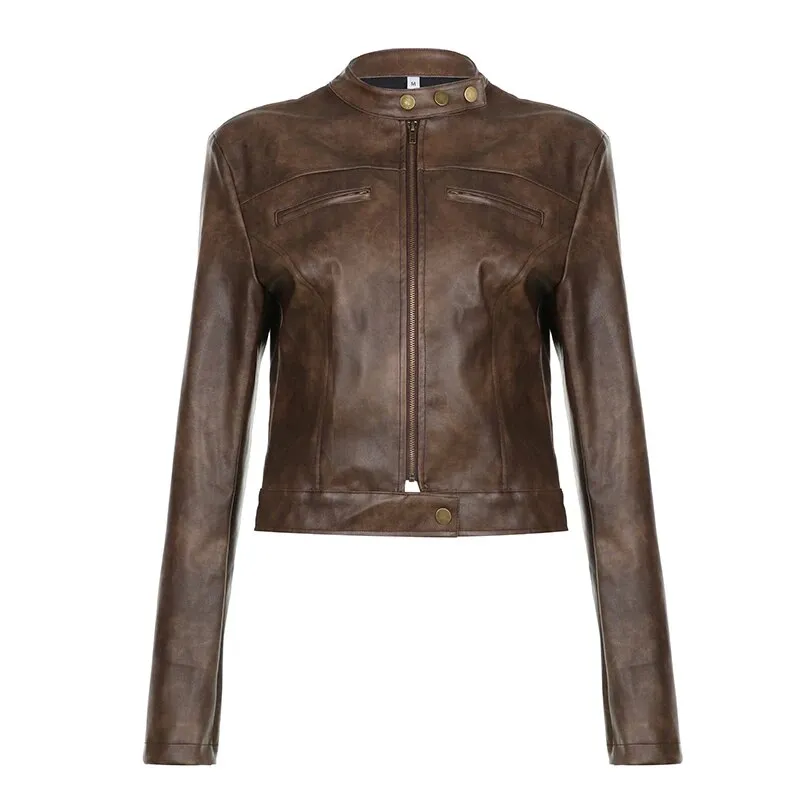 Brown Leather Zip Up Long Sleeves Jacket
