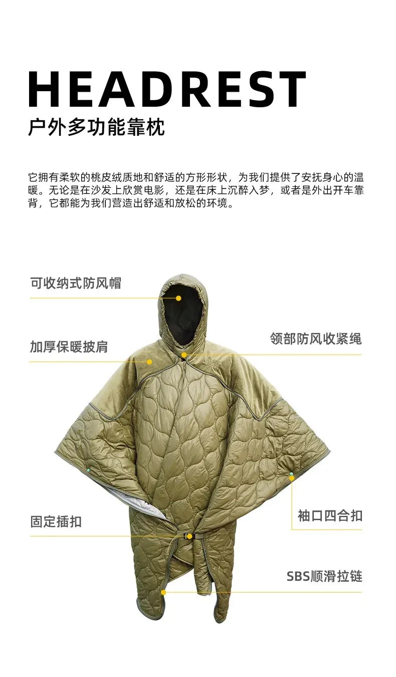Camping Cloak Sleeping Bag, Wearable Cloak, Car Pillow, Adult Outdoor Cloak, Cold and Warm Blanket