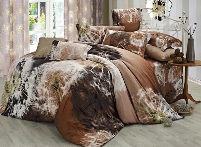 Dandelion Print Brown Cotton Luxury 4-Piece Bedding Sets/Duvet Covers