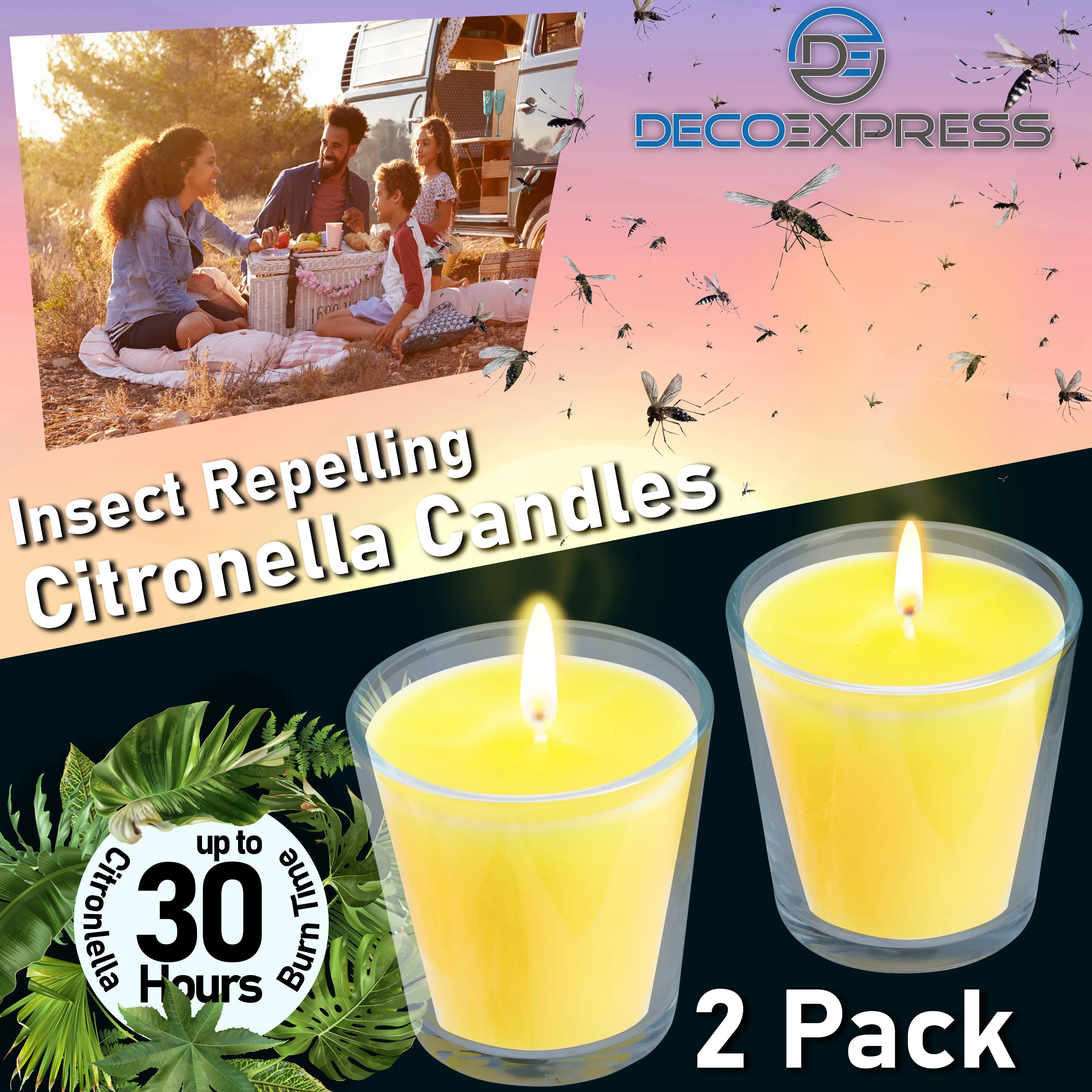 Deco Express Citronella Candle Set, Insect Repellent Jar Candles - Pack of 2/30 Hour Burn Time