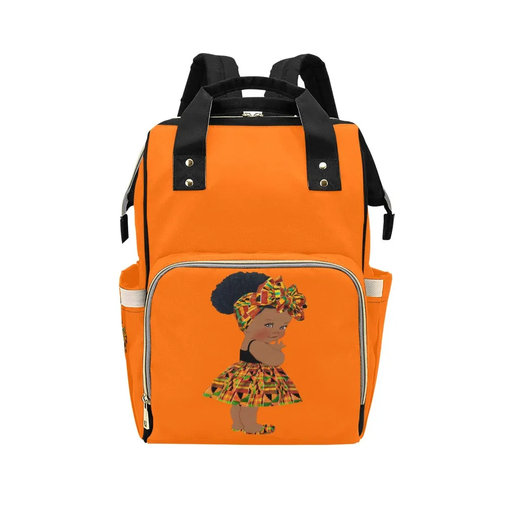 Designer Diaper Bag - Ethnic African American Baby Girl - Orange Multi-Function Backpack