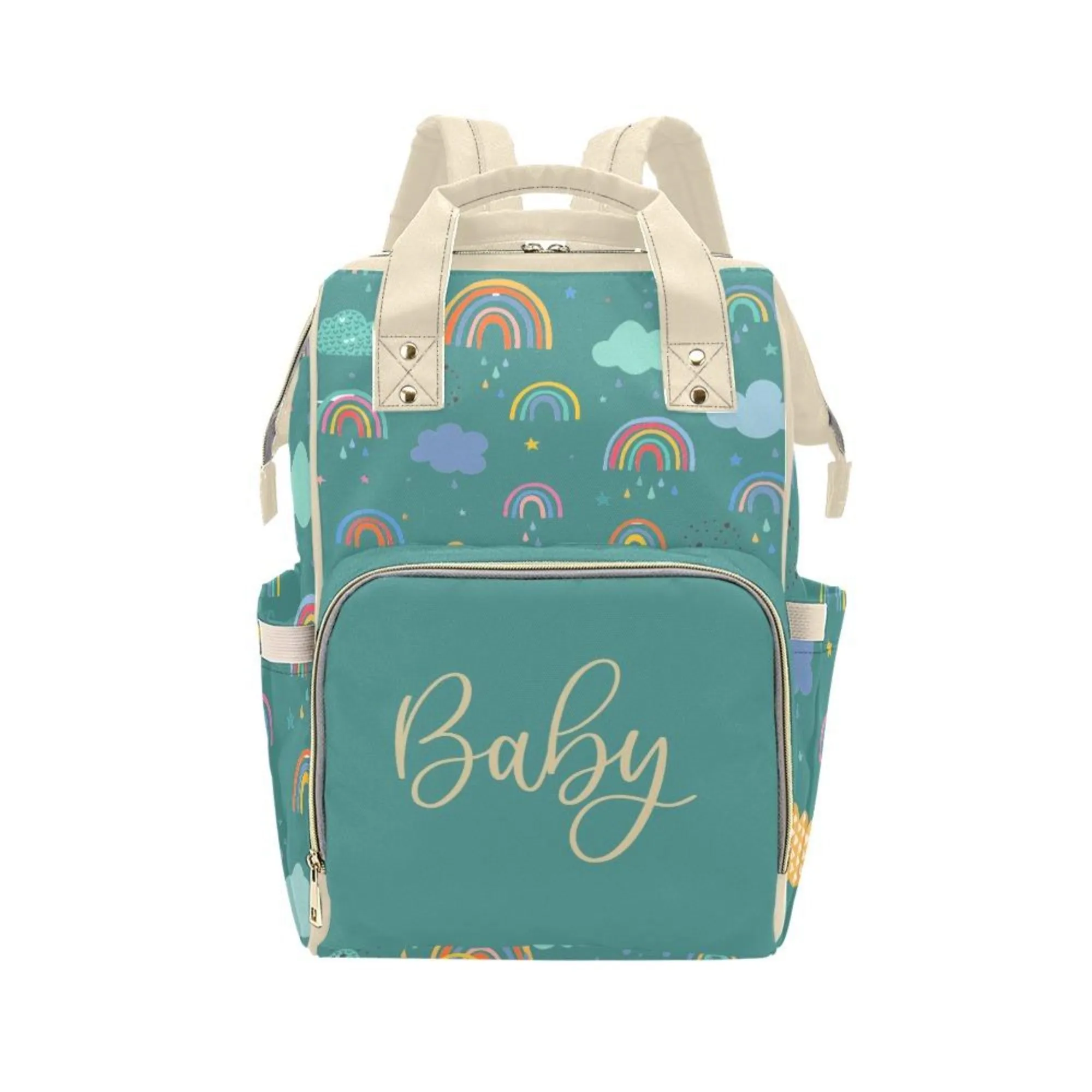 Designer Diaper Bags - Unisex Rainbows With Baby Name On Green - Waterproof Multi-Function Backpack