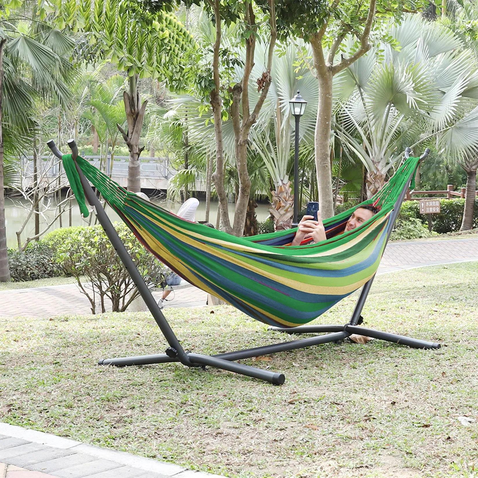 Heavy Duty Hammock with Metal Frame Free Standing Swinging Camping Travel Chair Tropical for Outdoor Patio Lawn
