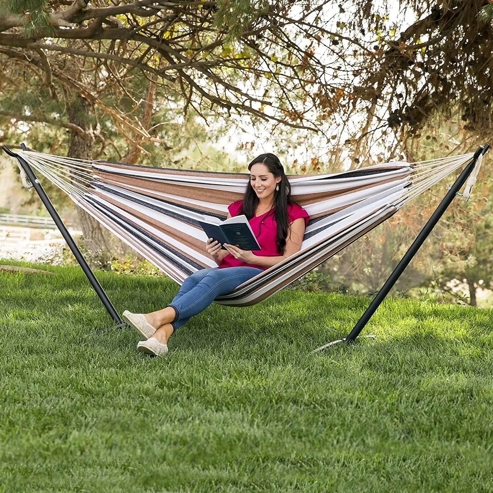 Heavy Duty Hammock with Metal Frame Free Standing Swinging Camping Travel Chair Tropical for Outdoor Patio Lawn