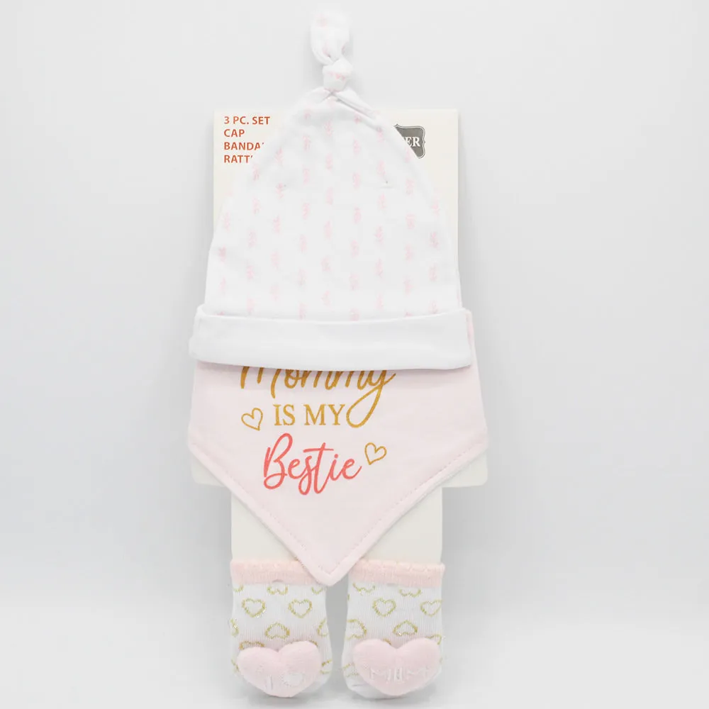 Imported 3 Pcs Baby Girl Knot Cap Bib and Socks Set for 0-6 Months
