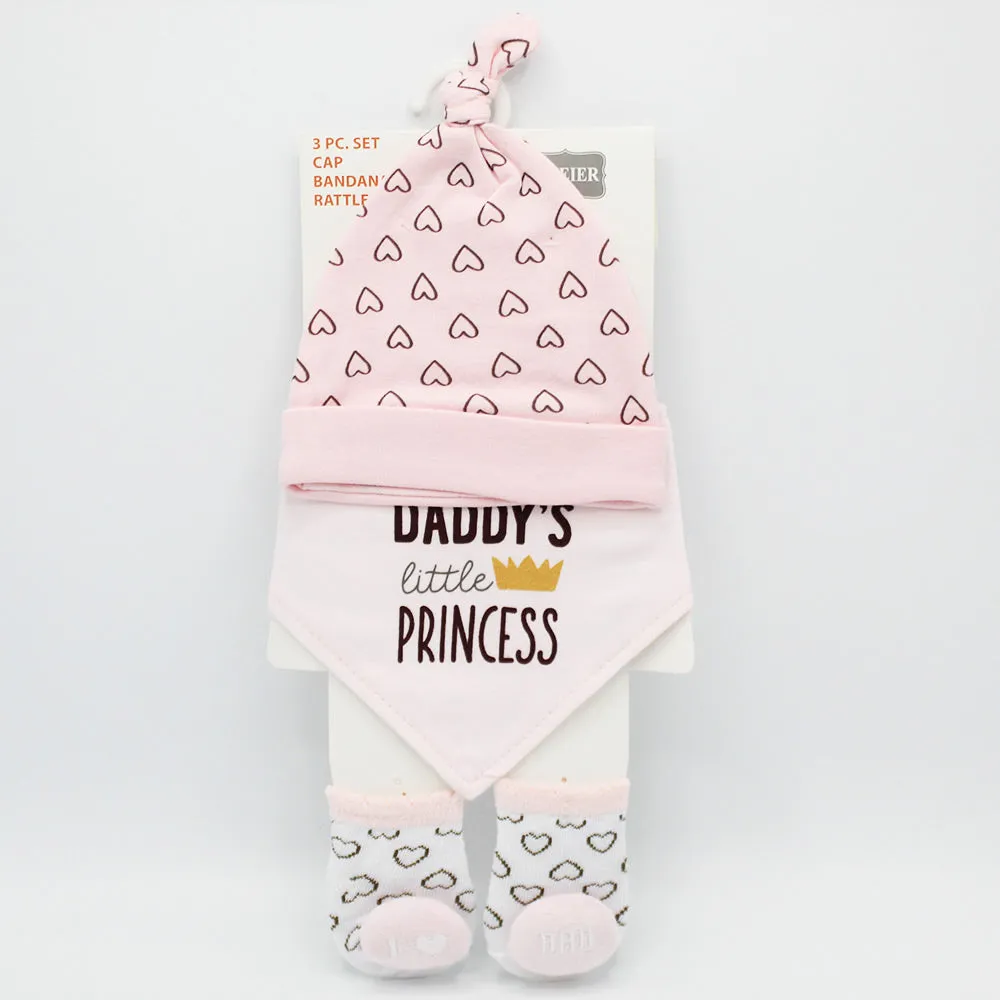 Imported 3 Pcs Baby Girl Knot Cap Bib and Socks Set for 0-6 Months