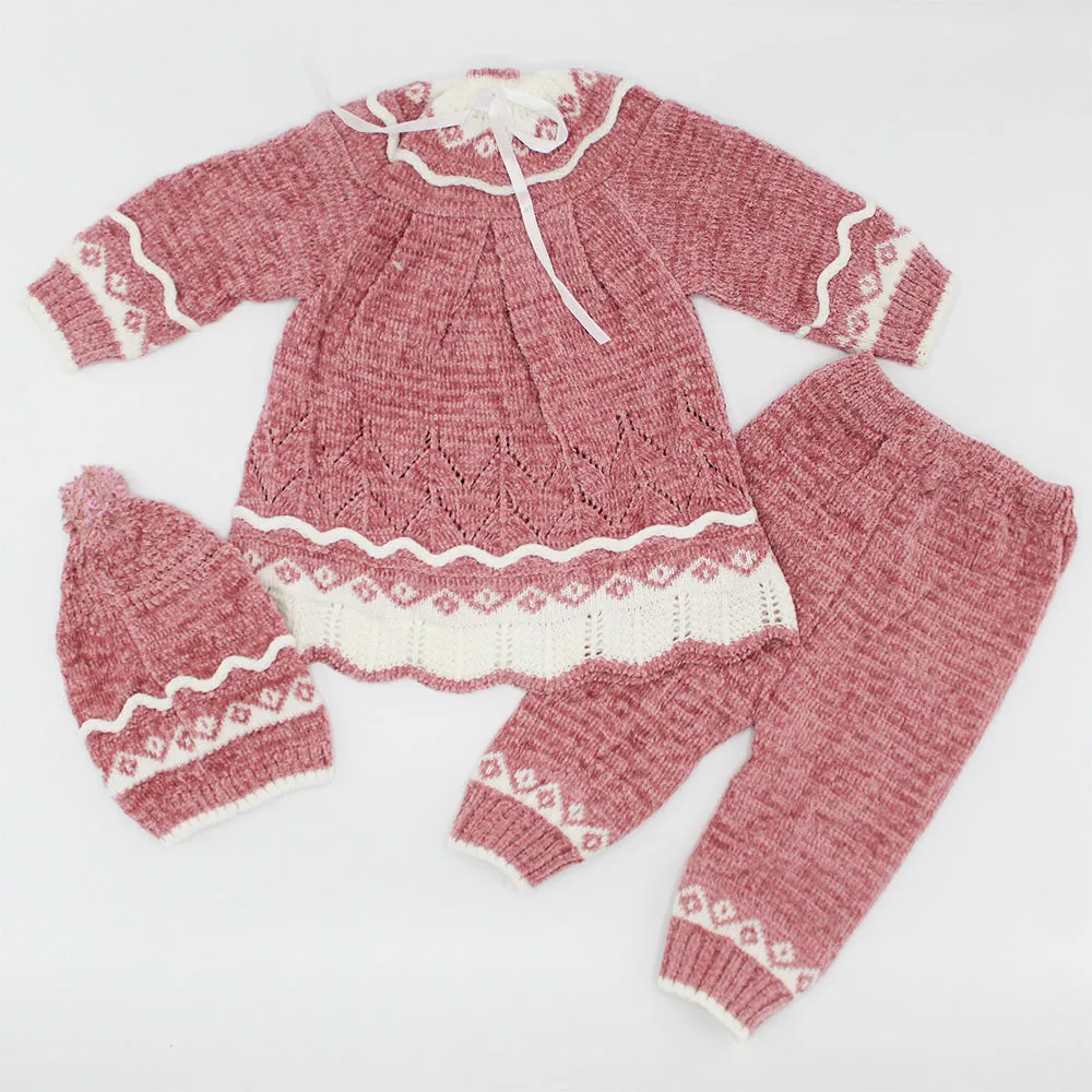 Imported Newborn Baby Girl Winter Woolen Knitted Baby Two Colored Frock Style Sweater Suit With Cap for 0-6 Months