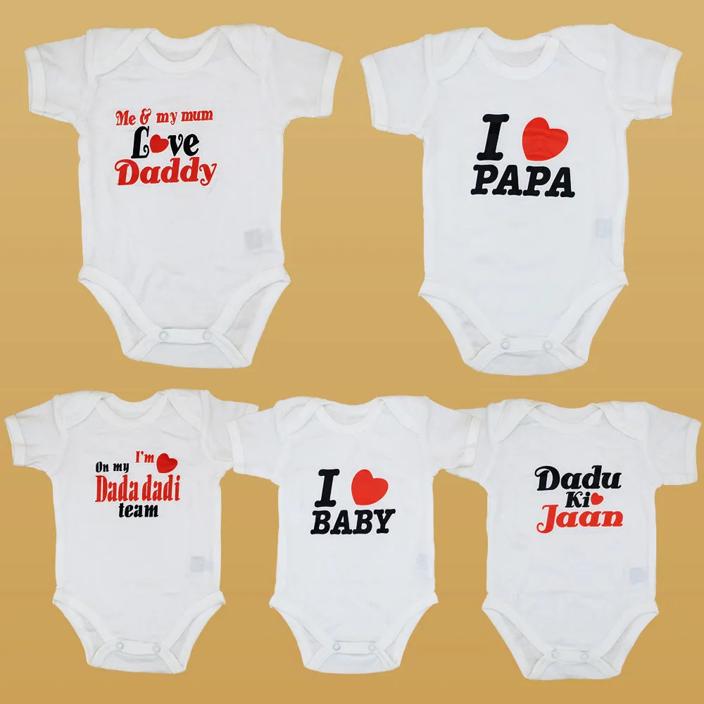 Imported Set of 5 White Printed Bodysuit Half Sleeves Onesie Romper for 0-18 Months
