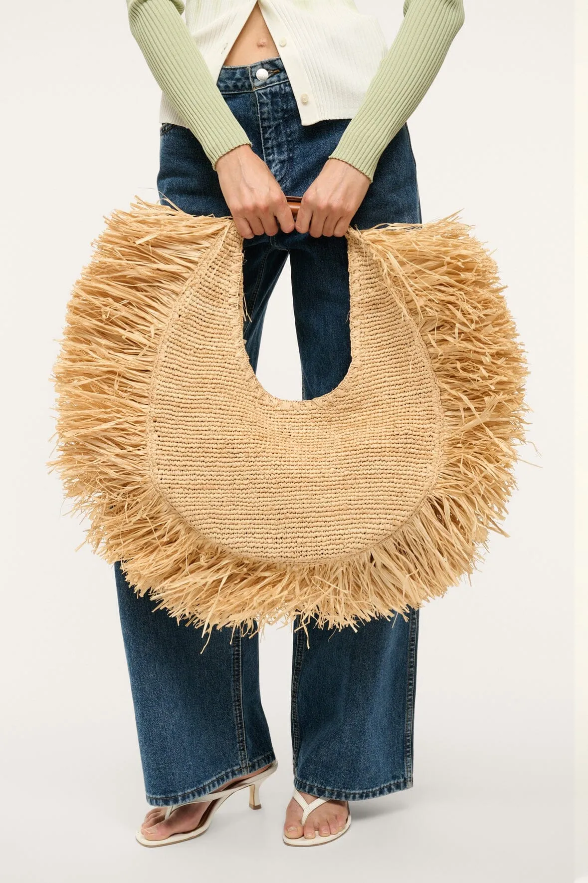 LARGE RAFFIA MOON TOTE BAG | NATURAL FRINGE