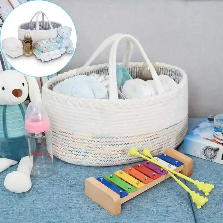 Little Story Cotton Rope Diaper Caddy (White Rainbow)