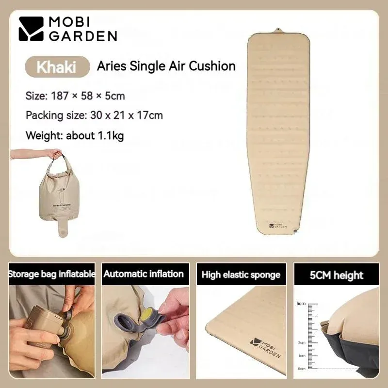 MOBI GARDEN Sponge Air Mattress 5cm Automatic Inflatable Sleeping Pad for Camping Outdoor Cushion Ultralight Folding Mat Pillow