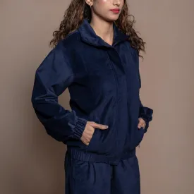 Navy Blue Cotton Velvet Princess Line Bomber Jacket