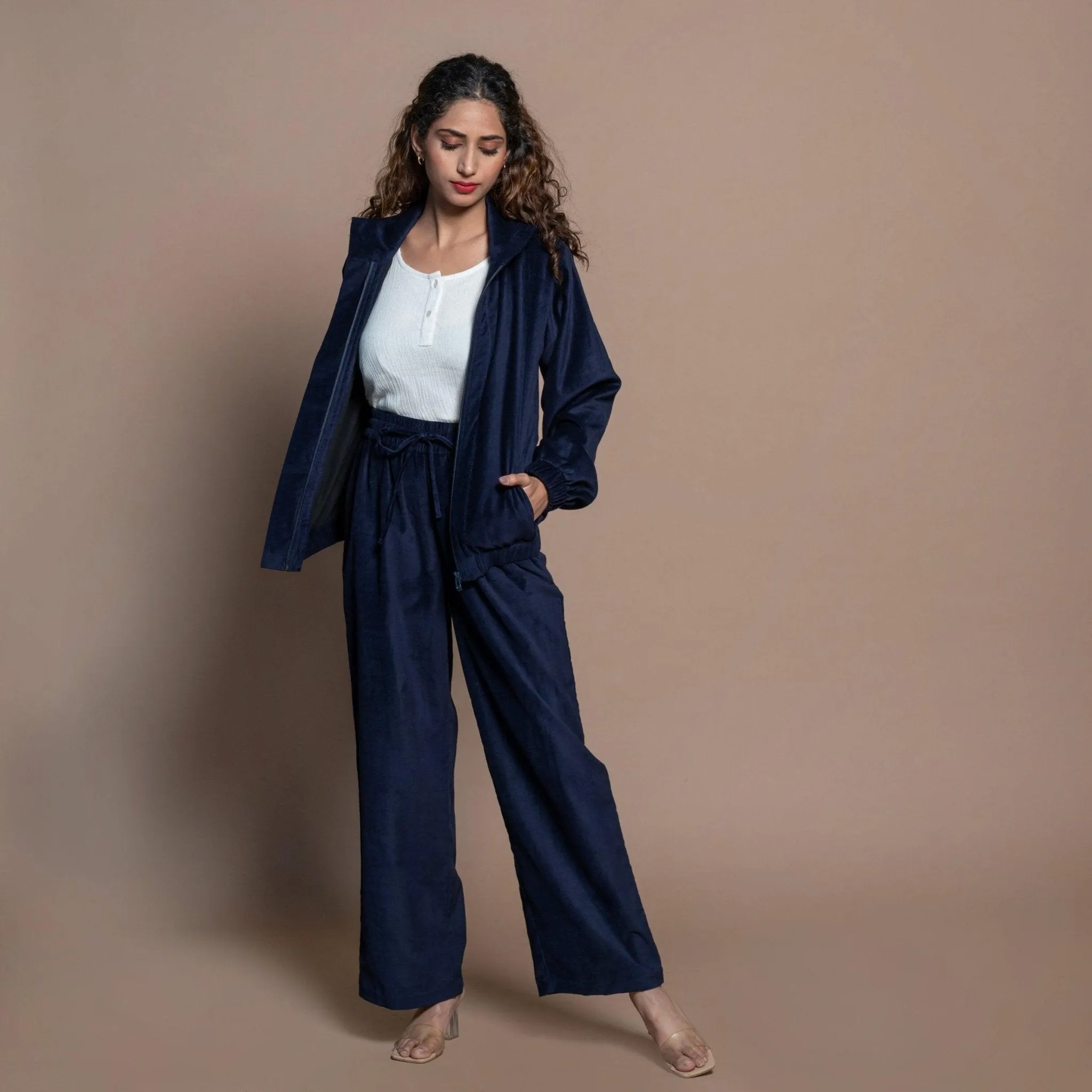 Navy Blue Cotton Velvet Princess Line Bomber Jacket