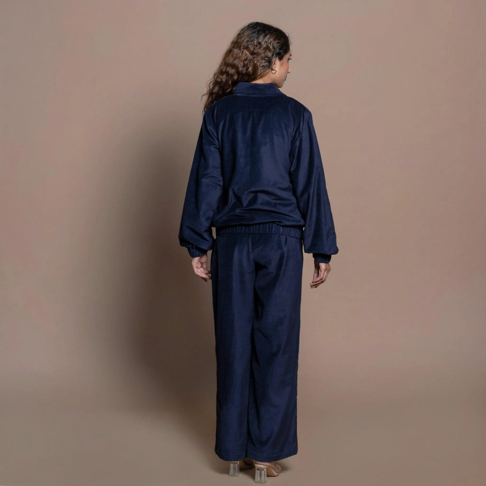 Navy Blue Cotton Velvet Princess Line Bomber Jacket