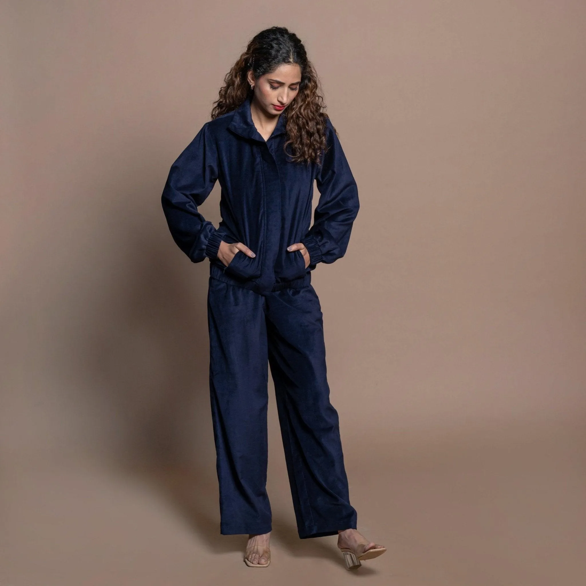 Navy Blue Cotton Velvet Princess Line Bomber Jacket