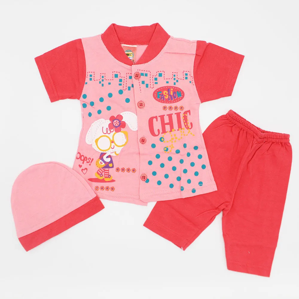 Newborn Baby Girl Chic Pretty Cat Half Sleeves Dress with Pajama and Cap for 0-3 Months