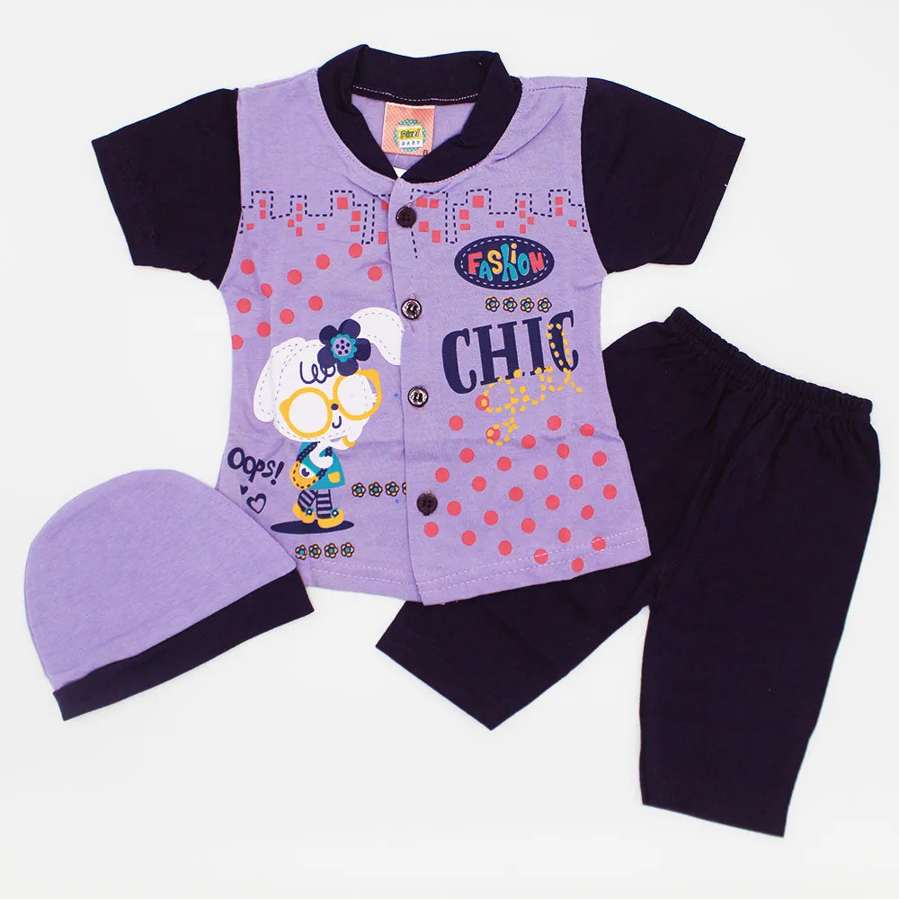 Newborn Baby Girl Chic Pretty Cat Half Sleeves Dress with Pajama and Cap for 0-3 Months