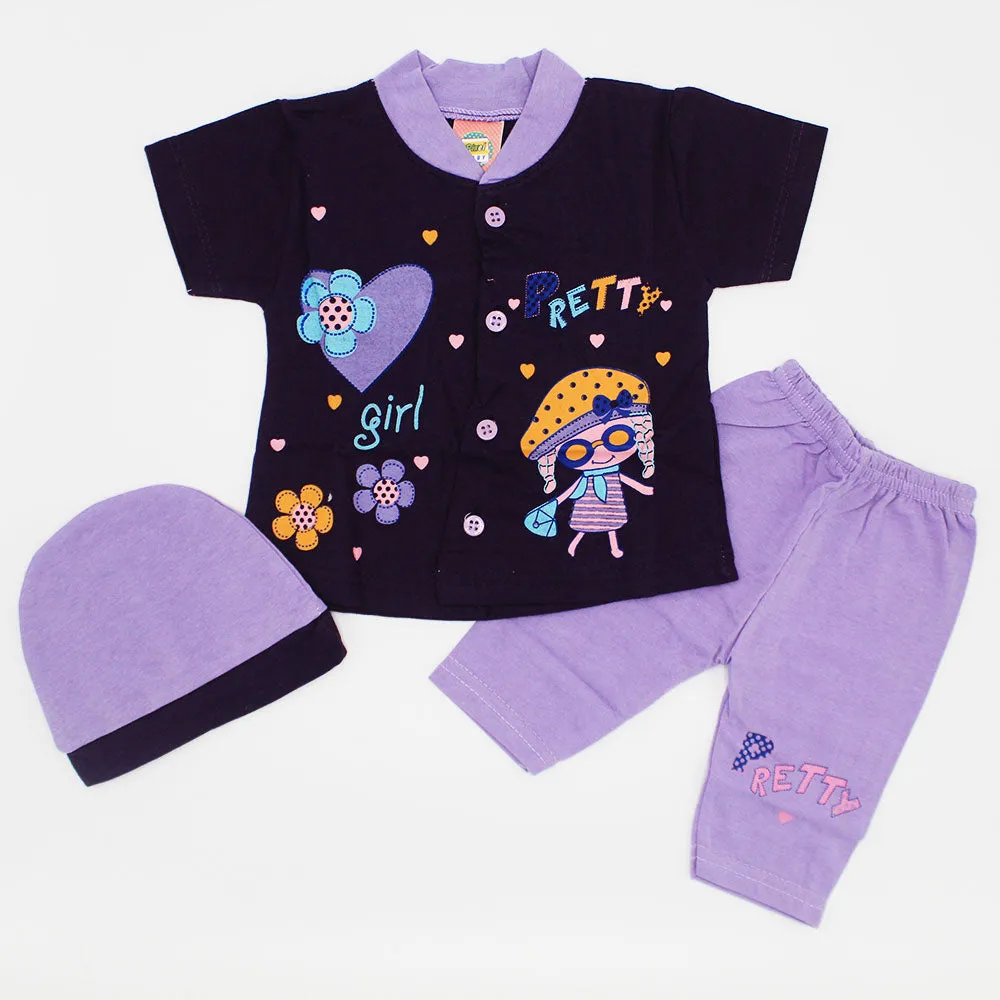 Newborn Baby Girl Chic Pretty Cat Half Sleeves Dress with Pajama and Cap for 0-3 Months