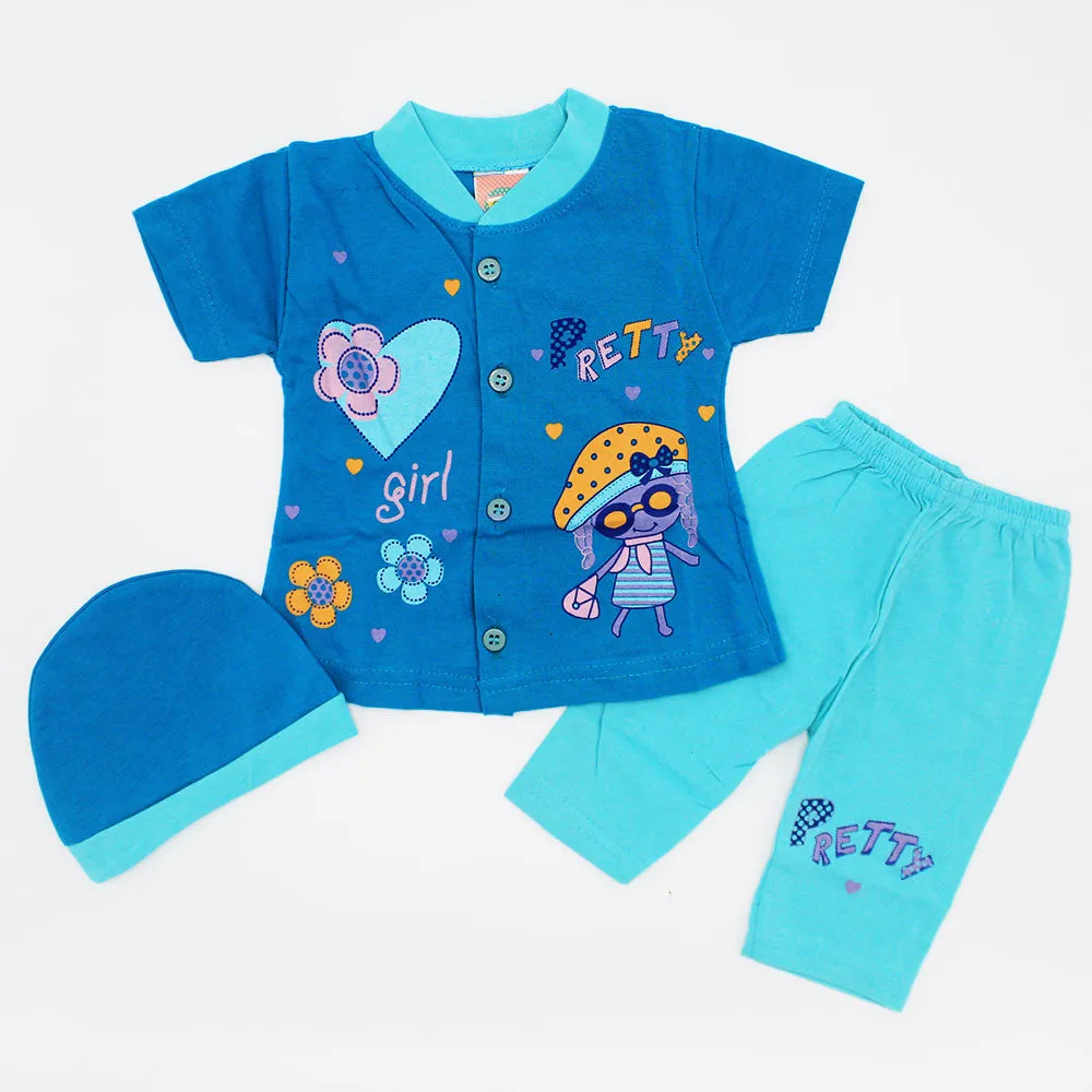 Newborn Baby Girl Chic Pretty Cat Half Sleeves Dress with Pajama and Cap for 0-3 Months