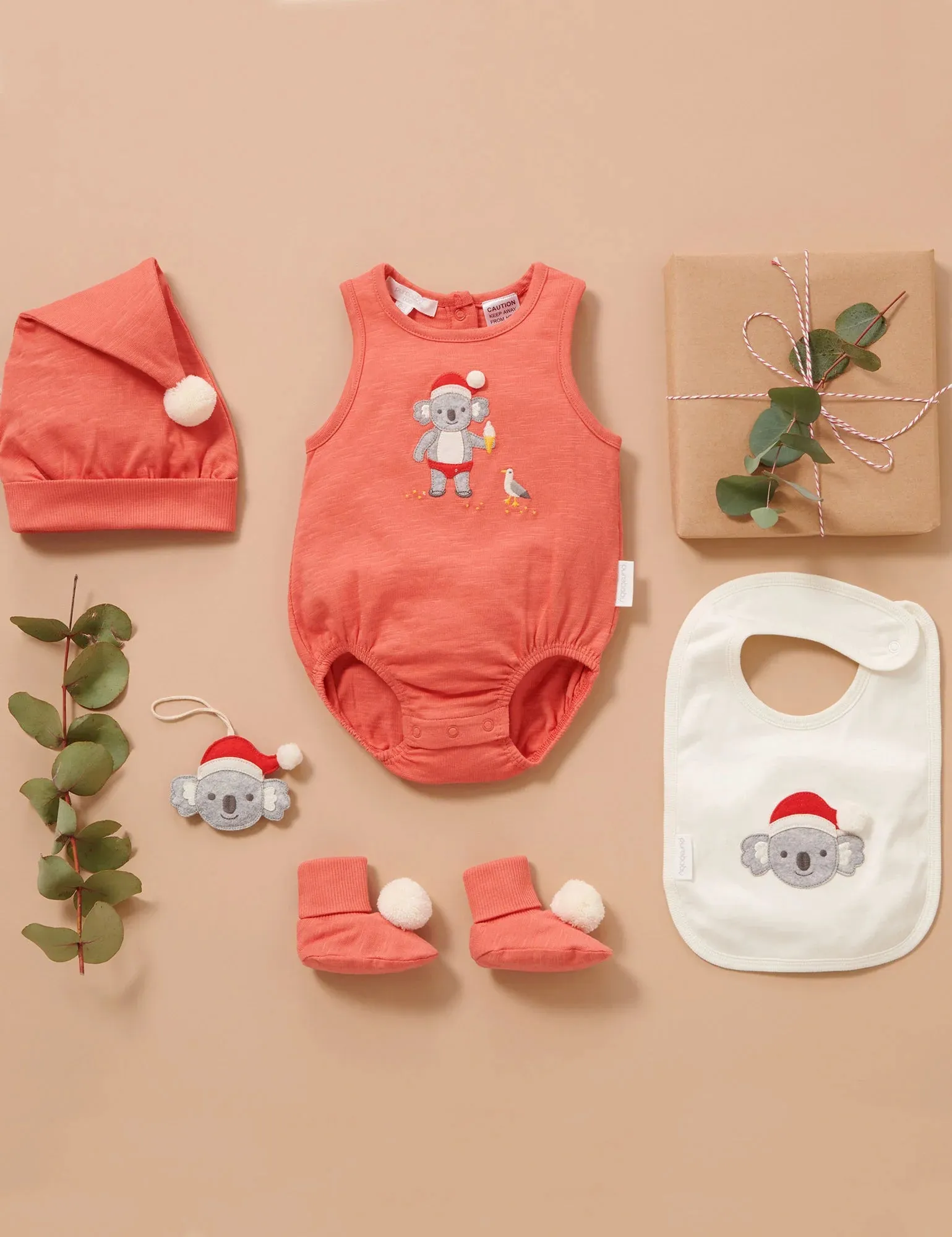 Purebaby Koala Santa Bodysuit - Vintage Red