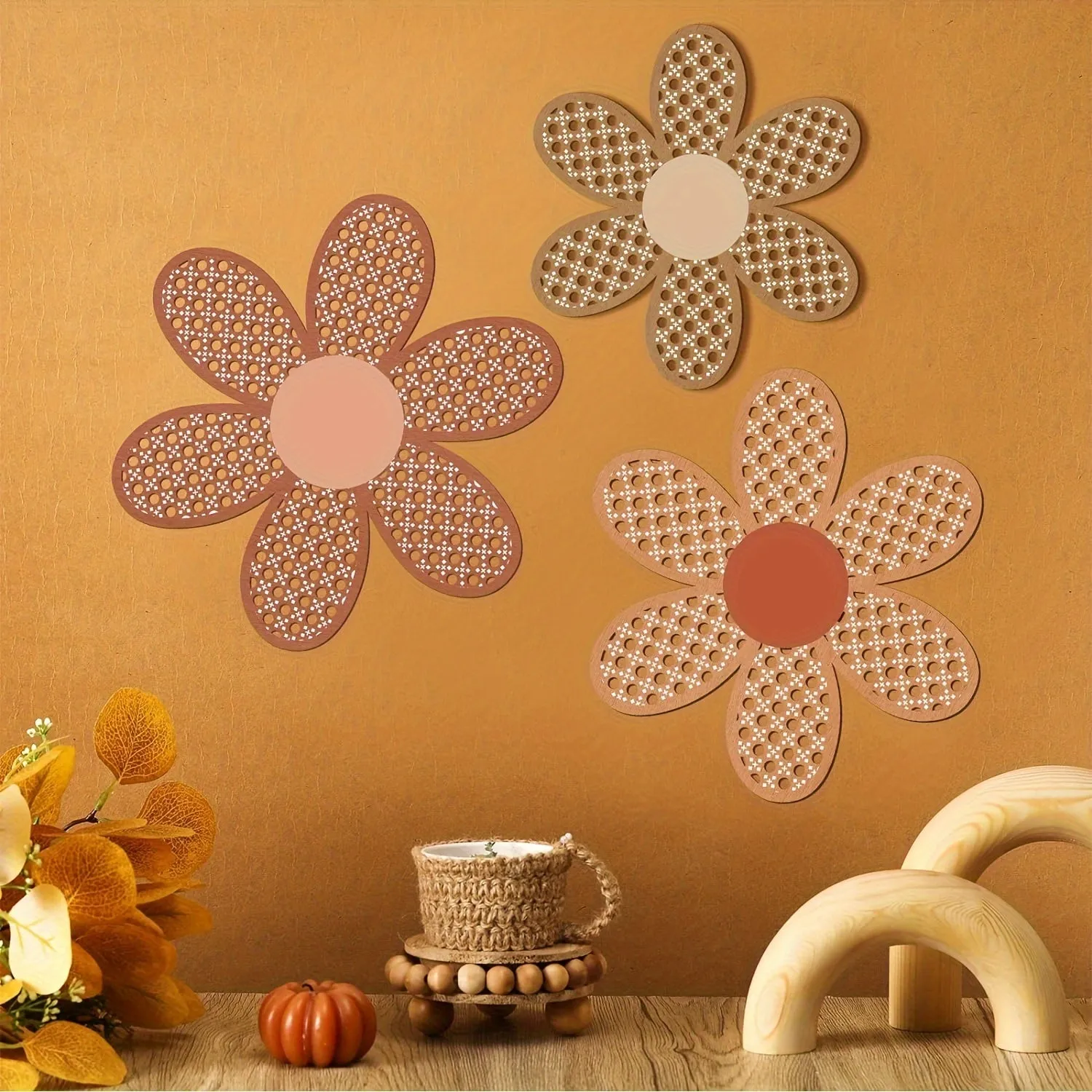 Rattan Daisy Wooden Wall Art Set of 3