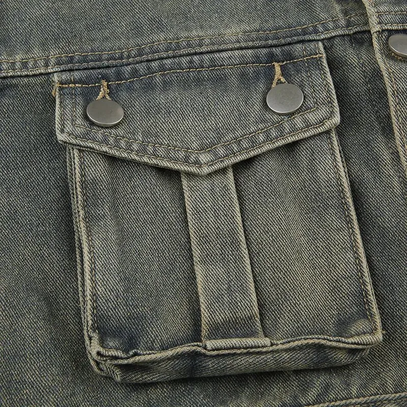 Retro Denim Pockets Buttons Short Coat