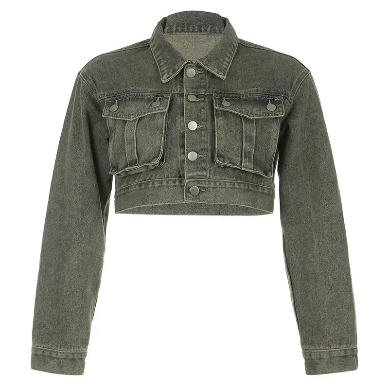 Retro Denim Pockets Buttons Short Coat