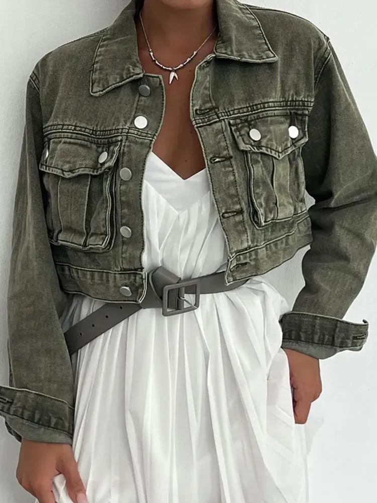 Retro Denim Pockets Buttons Short Coat