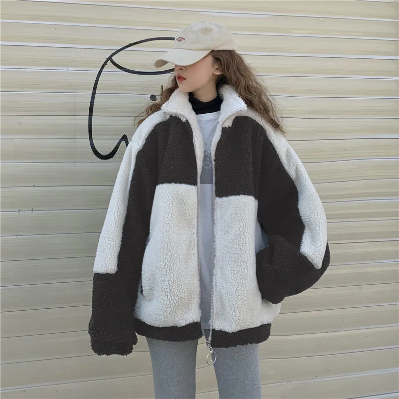 Romildi Harajuku Women Lambswool Jackets Oversized Korean Style Streetwear Fleece Hoodie Female Winter Oversized Velvet Coats